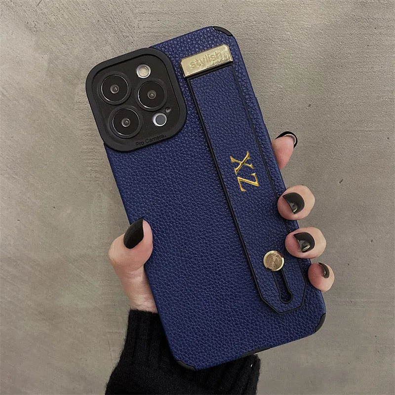 Personalise Gold Initial Letters Leather PU Wristband Cases For Iphone 15 14 11 12 13 Pro Max 16 pro promax  Luxury Soft Covers