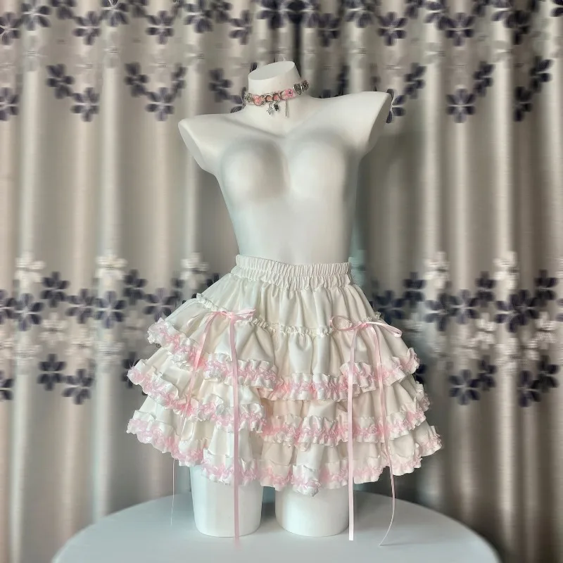 Summer Kawaii Pink White Lolita Skirt Women Sweet Fluffy Cake Mini Skirt Fashion Lace Ruffled A-Line Skirt Cute Girly Outfit