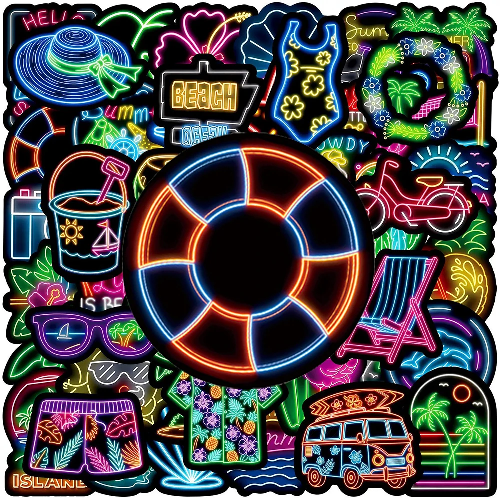 10/30/50pcs Cute Cartoon Neon Light Summer Beach Theme Stickers Aesthetic Graffiti Luggage Phone Motorcycle Waterproof Sticker