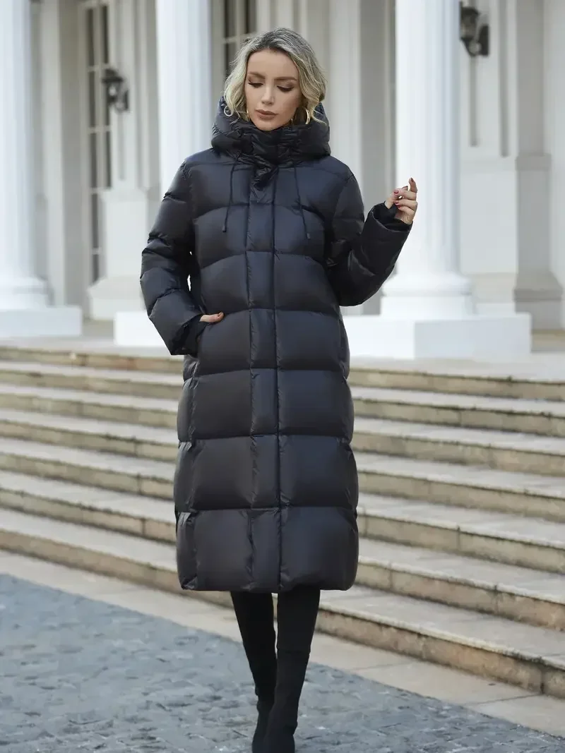 Doudoune longue à capuche pour femme, manteau en coton noir, streetwear chaud, vêtements d'extérieur en plumes, garder l'épaississement, femme, hiver, mode, 2024