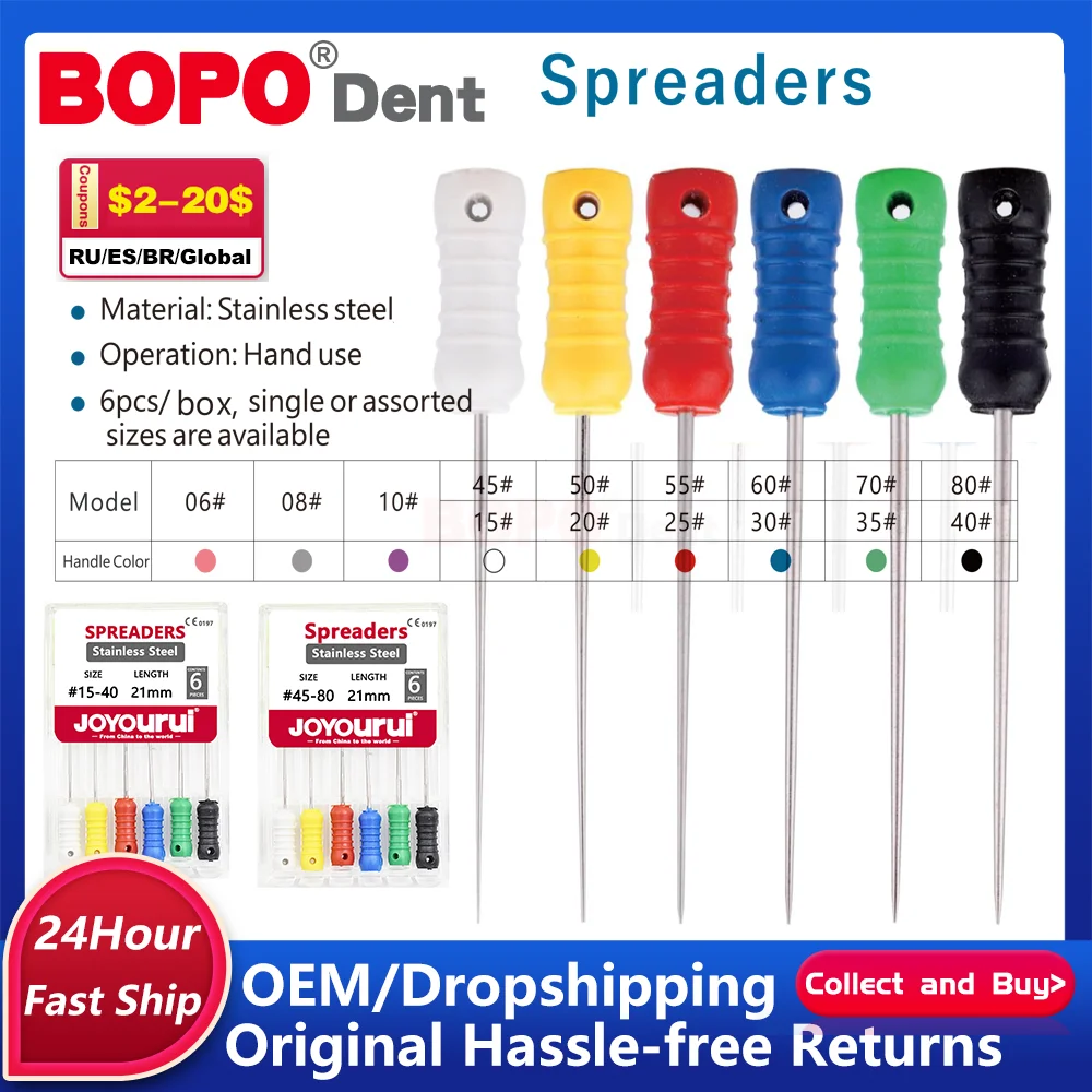 

6Pcs/Box Dental Stainless Steel Finger Spreaders Hand Use Pluggers Endondontic Root Canal File Dentistry Instrument Tool Files