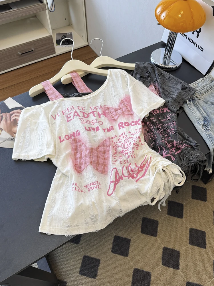 

Color Blocked Slanted Shoulder Ripped Hole T-shirt Short Sleeved Loose Lace Up Printed Bow Top Fashion Sweet Summer Women's Top