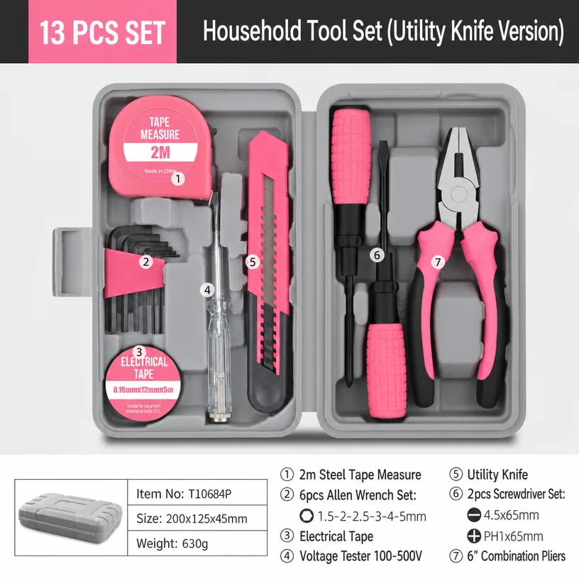 13 PCS Pink Household Tool Set Suit, With Plastic Toolbox Storage Box, Used For Car Repair And Daily Home Maintenance