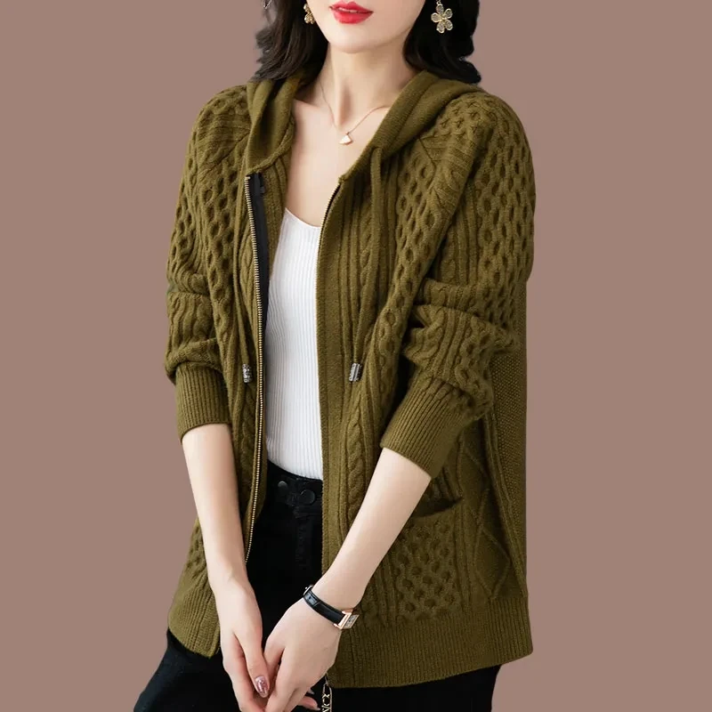 2023 New Spring Autumn Women Knitted Jacket Solid Color Thicken Hooded Cardigan Sweater Coat Casual Female Zipper Knit Cardigans