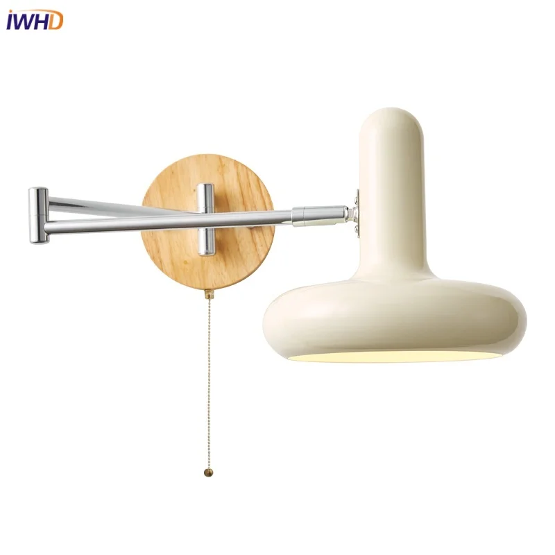 

IWHD Modern LED Wall Light Sconce Restaurant Foyer Bedroom Left Right Rotate Pull Chain Switch Wood Base Bedside Lamp Lamparas