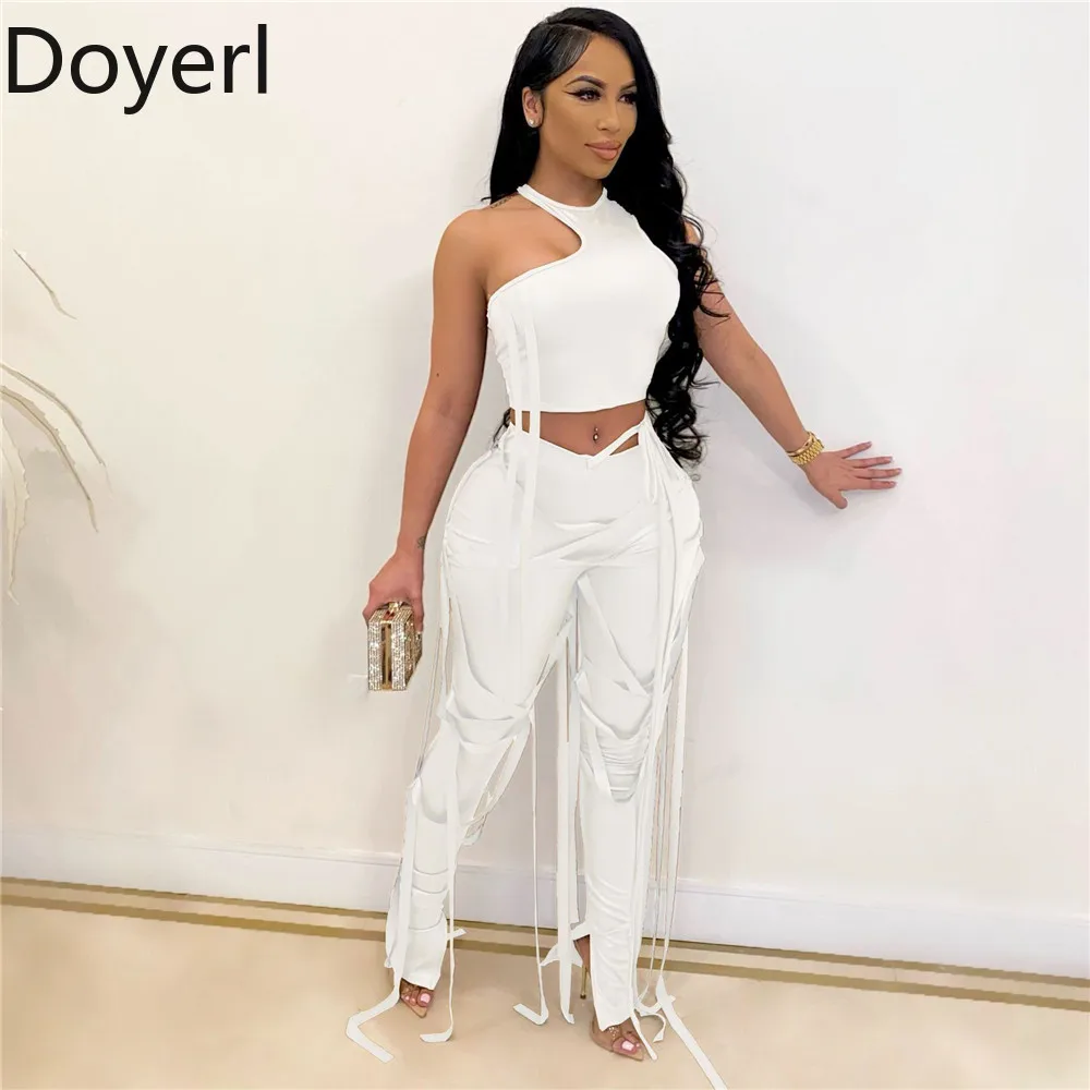 도이어 PU 인조 가죽 투피스 여성 Y2K 파티 나이트 클럽 홀터 크롭탑과 리본 펜슬 팬츠 매칭 세트 레이브