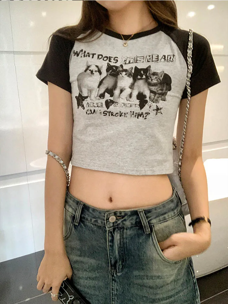 Frauen T-Shirt Y2k Drucken Schlank Grafik Sommer Koreanische Mode Harajuku Streetwear Kurzarm Ästhetische Kleidung