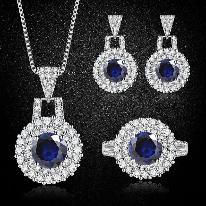 

Shiny Blue Zircon Fashion Women's S925 Sterling Silver Jewelry Set, Ring Stud Earrings & Necklace