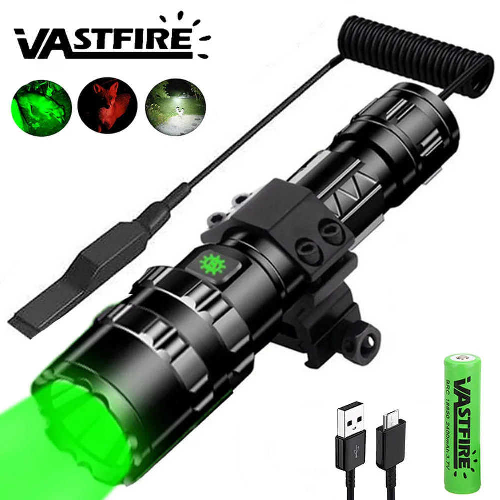 Professional LED Flashlight for Hunting Tactical Red/White/Green Flashlight Night Scout Lights Set Fish Light Rechargeable Torch