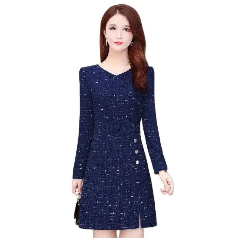 Autumn Winter fashion Dress Women 2024 New Loose V-Neck Fleece Thicken Dresses Accepting Waist Long Sleeve A-Line Skirt Female