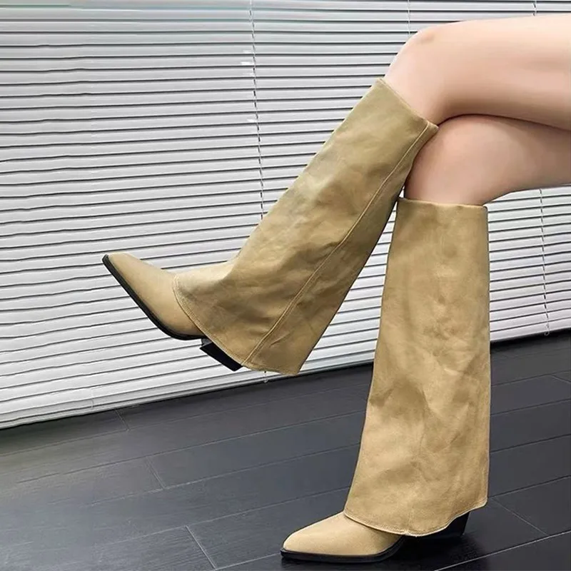Pointed Toe High Boots Women Goth Pants Boots Autumn Chunky Trend Boots Wear-resistant Mid-calf Boots Winter Shoes New