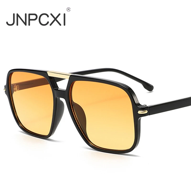 JNPCXI Neue Modische Doppelbrücken-Sonnenbrille für Damen Quadratische Nieten Orange Farbverlauf UV400 Sonnenbrille für Herren