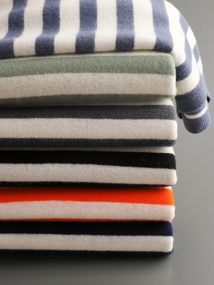 Men Basic O-neck Wool Sweater Spring Autumn Long Sleeve Stripe Pullover 100% Merino Wool Knitwear Smart Casual Jumper Top