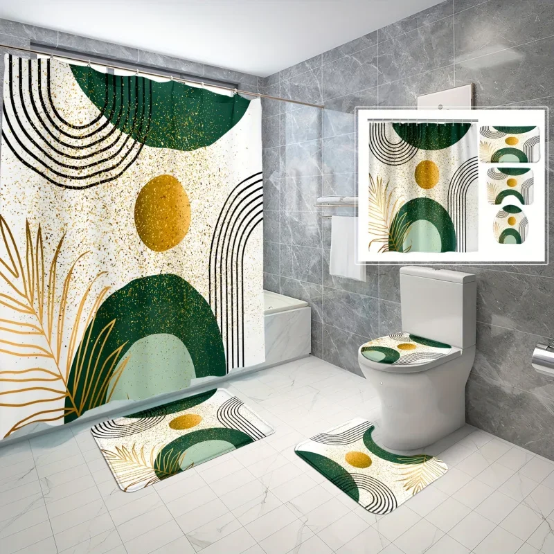 4pcs Arch Golden Leaf Sun Pattern Shower Curtain Set, Boho Decorative Bathroom Set, Non-slip Bath Mat, Toilet Cover Pad And U-sh
