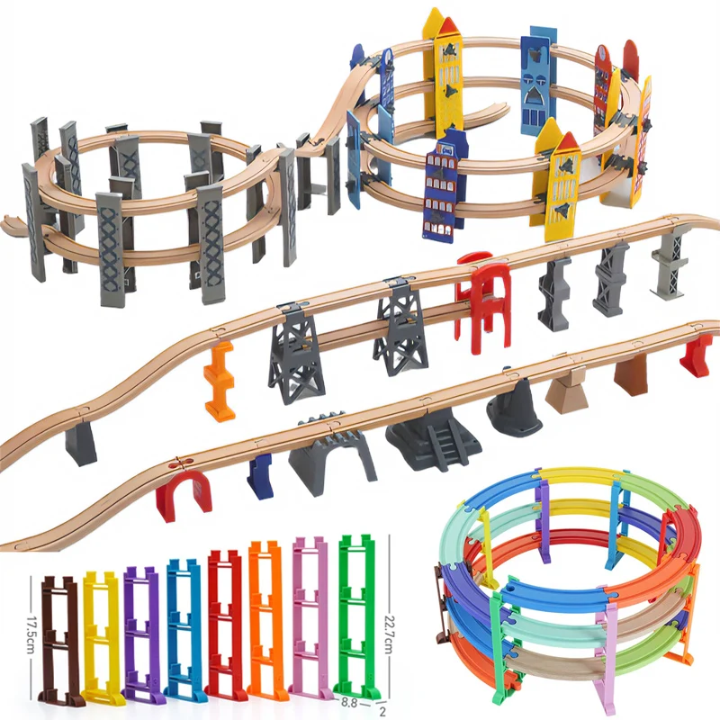 

Multi-layer Spiral Wooden Track Accessories Colorful Circular Bridge Piers Curved Wooden Train Track Brackets Railway Track Toys