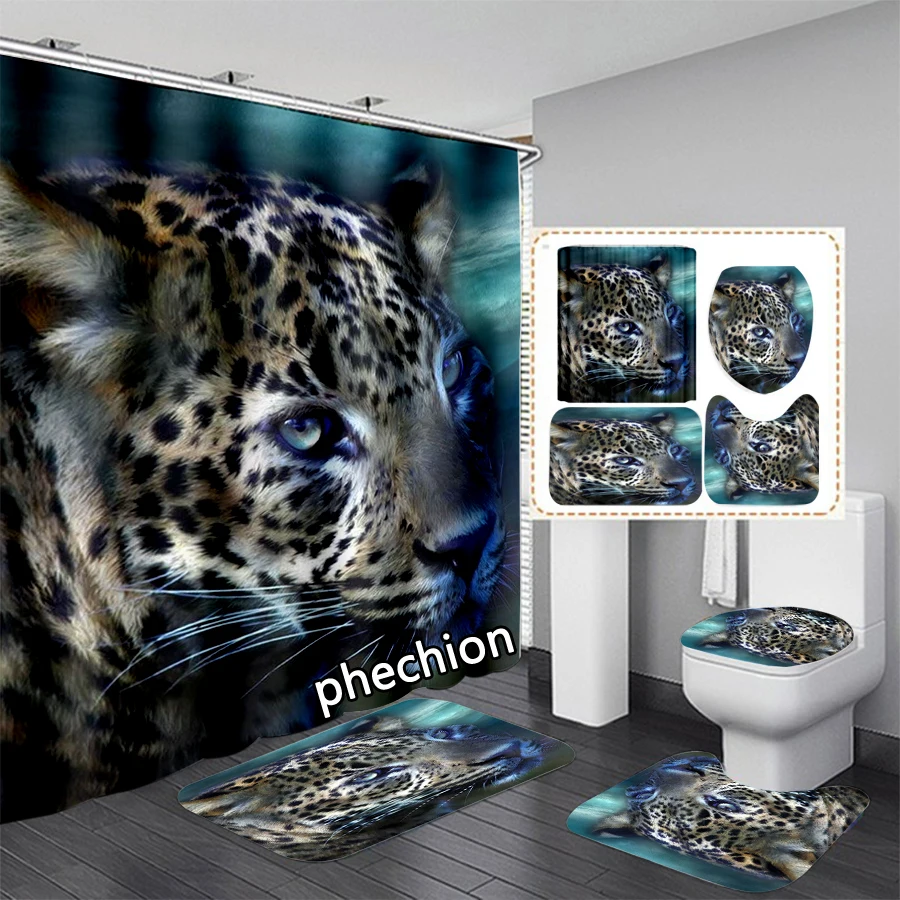 phechion New Fashion 3D Print Animal Leopard Shower Curtain Waterproof Bathroom Curtain Anti-slip Bath Mat Set Toilet Rugs VR262