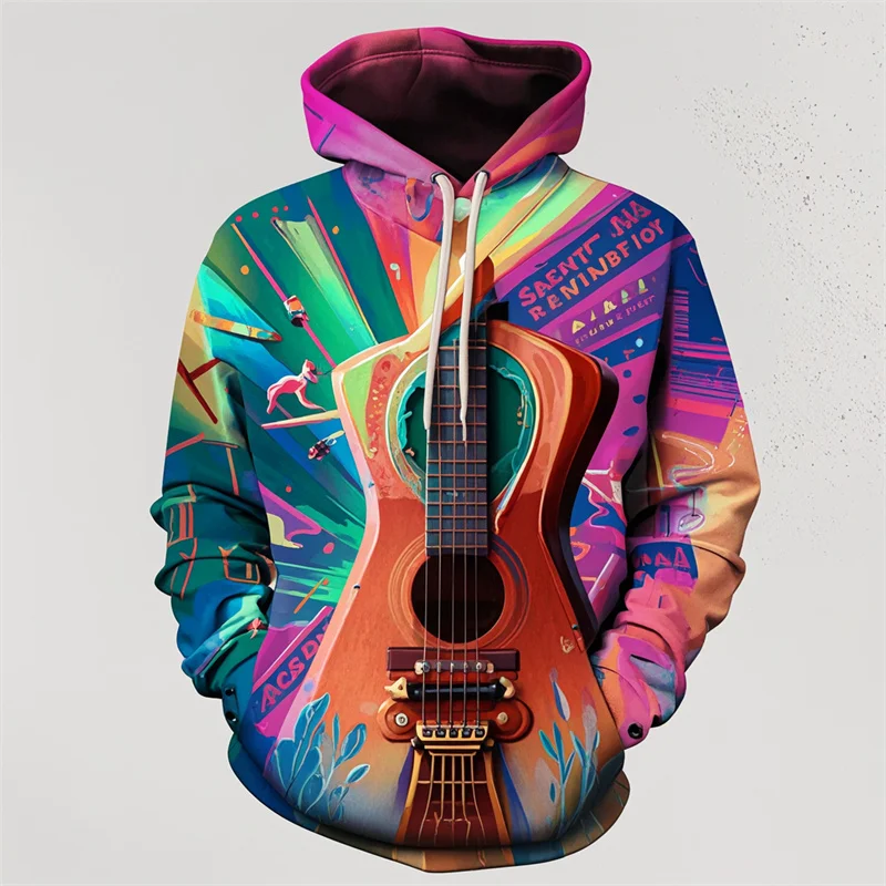 Full Print Musical Instruments Pattern Hoodie For Men Casual Colorful Sweatshirt Fashion Long Sleeve Pullover Hoodies Tops