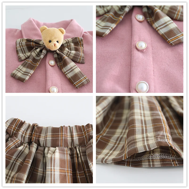 College Style Baby Girls Clothing Sets 2023 Autumn Children Bow Coats Plaid Skirt Kids Tracksuit Infant Outfits Princess Clothes