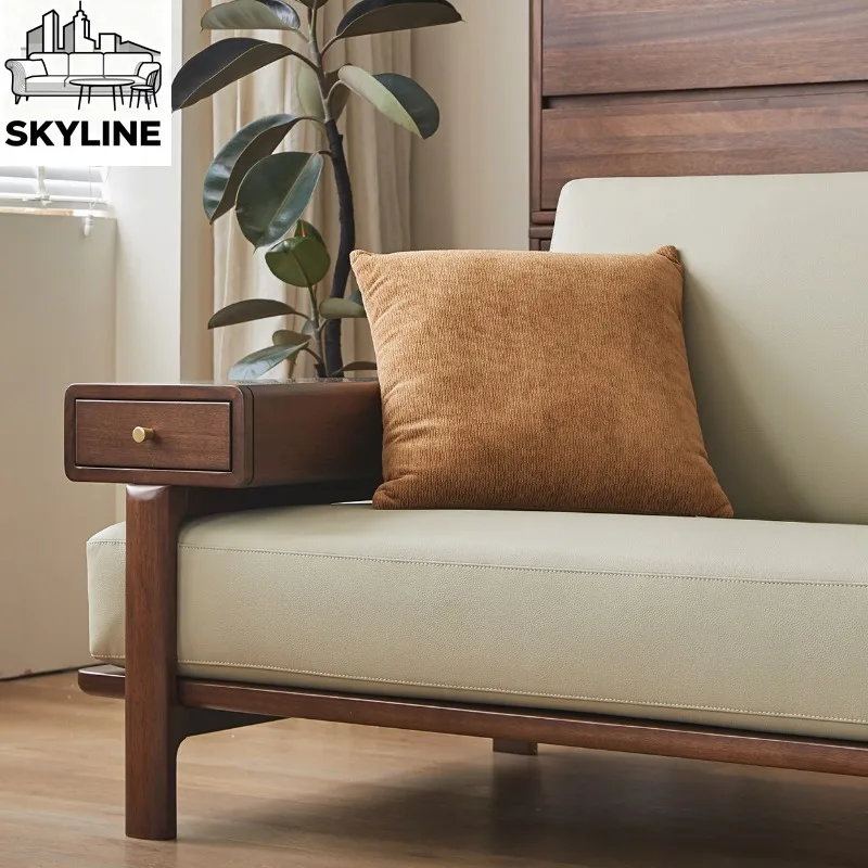 New Medieval Straight Solid Wood Sofa Set, Retro Single Row Couch for Small Apartment Living Room Deco