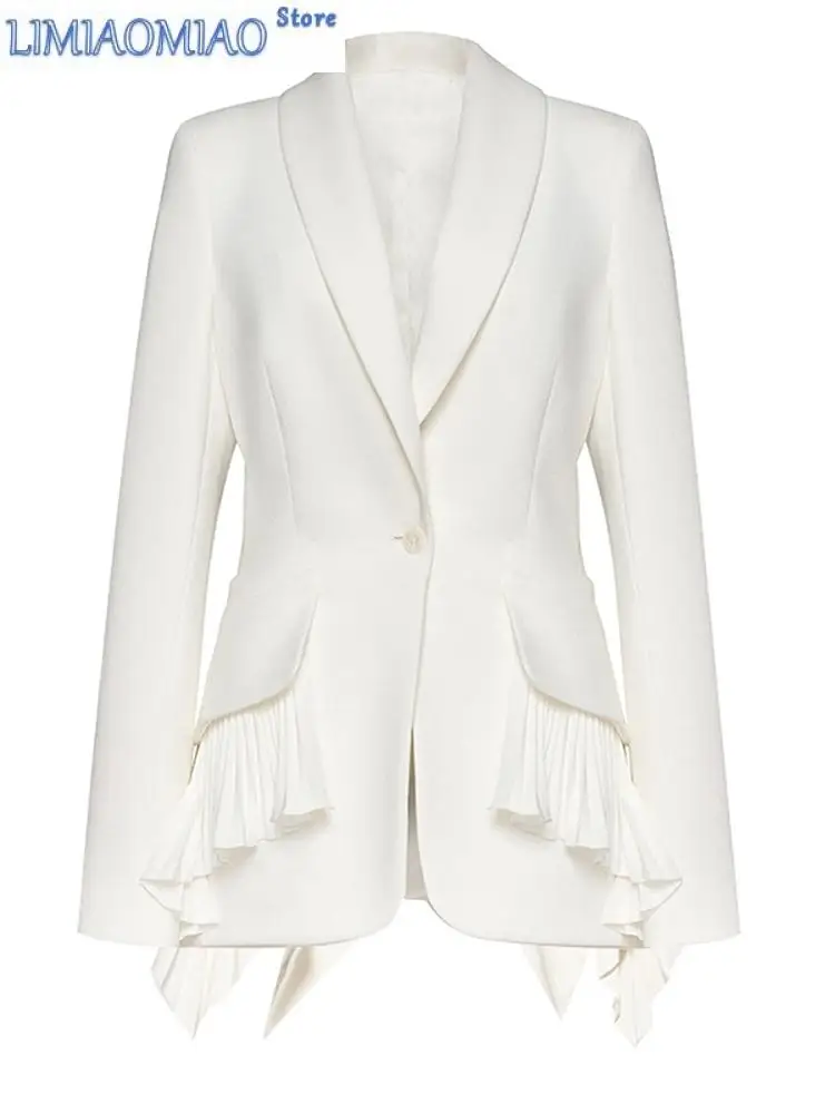 Women White Irregular Pleated Ruffles Elegant Blazer New Lapel Long Sleeve Jacket Fashion Tide Spring Autumn