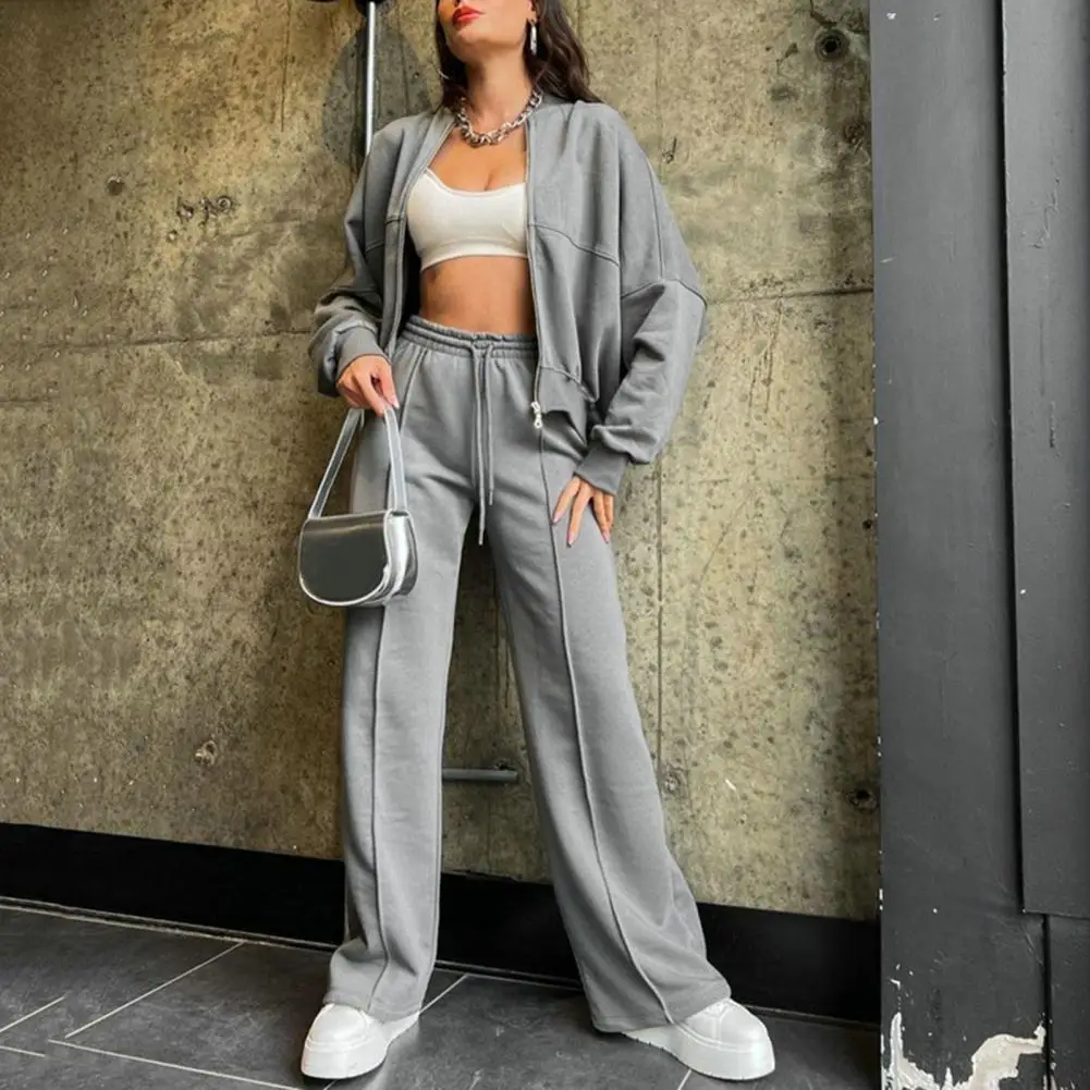 Women Coat Pants Set Stand Collar Zipper Closure Long Sleeve Jacket High Elastic Waist Wide Leg Pants Solid Color Lady Tracksuit