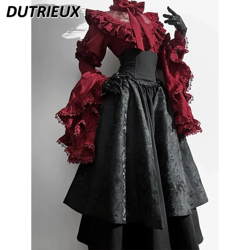 Halloween-kostuum Gothic Lolita Zoete outfits Lange rok met hoge taille en shirt met lange mouwen Prachtige en elegante tweedelige set