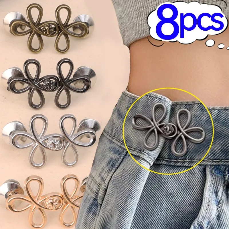 2/8Pcs Four Leaf Clover Waist Buckle Adjustable Tightener Waist Buckle for Jeans No Sewing Required Detachable Seamless Button