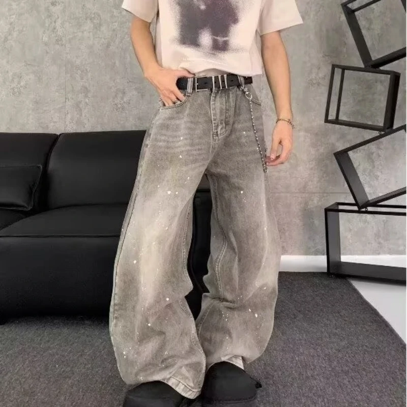 

All-match Unbranded Trendy American Retro Washing and Old Splashing Ink Scimitar Jeans Lazy Harajuku Fashion New Style Y2k Pants