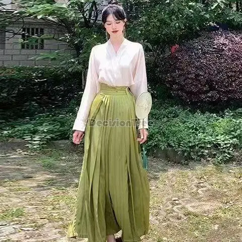 2025 novo vestido estilo chinês melhorado dinastia ming hanfu estilo nacional saia longa plissada manga longa topo diário conjunto de duas peças