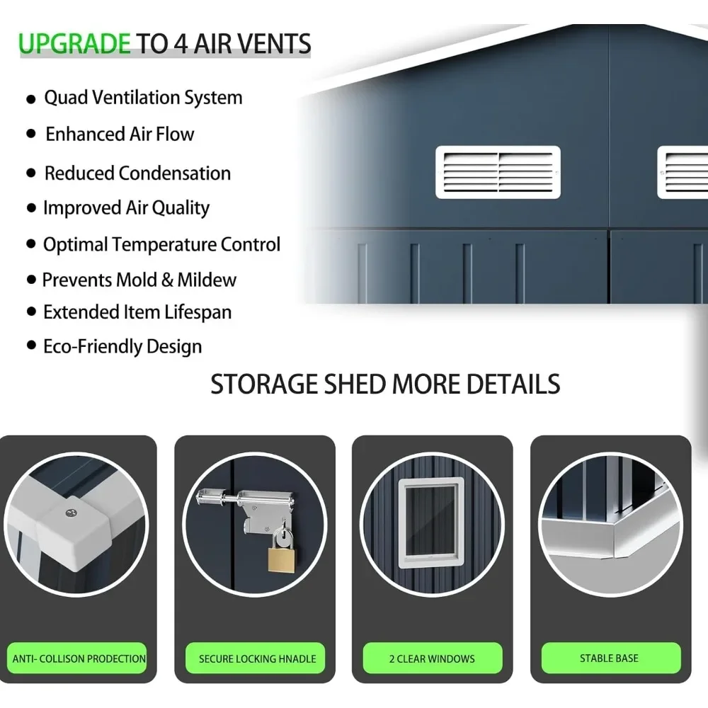 10X12X7.5 FT Outdoor Steel Storage Shed with Lockable Doors, 2 Windows, Transparent Roof Panels, Frame Floor