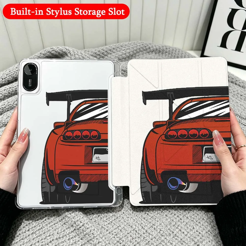 Red Car Cartoon Case For Xiaomi Redmi Poco Pad 5 6 7 8 Pro SE 11 11.2 12.1 Inch Transparent Y-Shaped Folding Tablet
