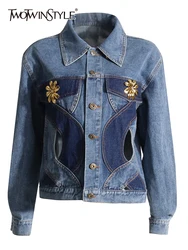 TWOTWINSTYLE Hollow Out Denim Jackets For Women Lapel Long Sleeve Patchwork Single Breasted Jacket Female Fashion Clothing New