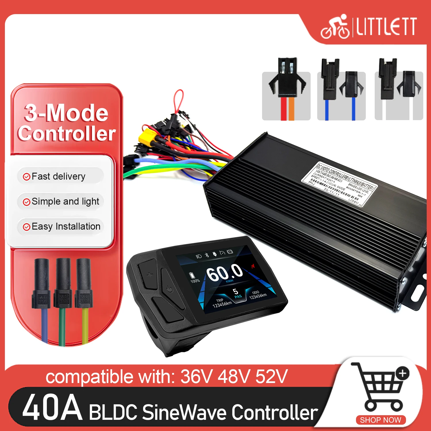 

Ebike 3-mode Sine wave Controller Brushless Motor 1000W 1500W 2000W 36V 48V 52V 40A T24 LCD Kit for E-Mountain Scooter Parts