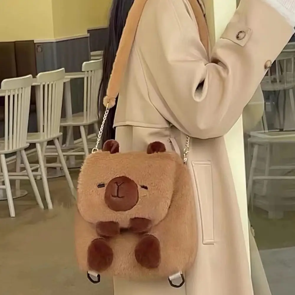 Plush Cartoon Capybara Doll Backpack Simplicity Animal Pattern Bag Campus Shoulder Bag Hairy Capybara Flip Bag Lady Shoulder Bag