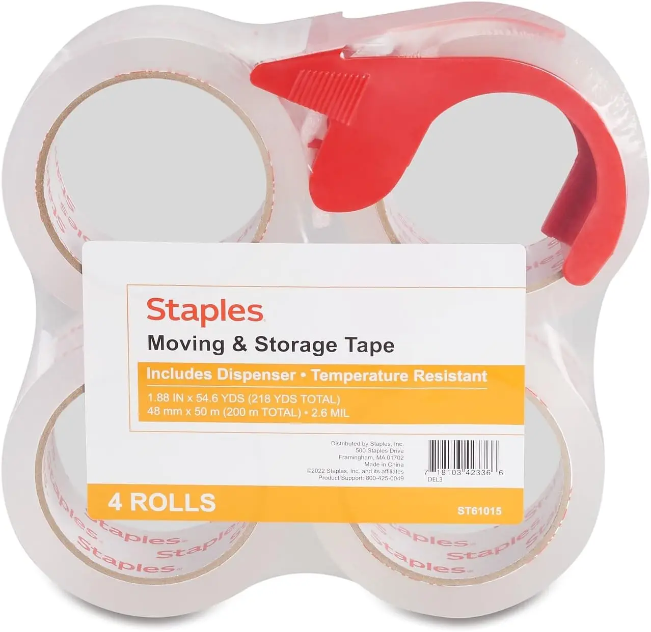 Moving & Storage Packing Tape with Dispenser, 1.88” x 54.6 Yards — 4/Roll Pack