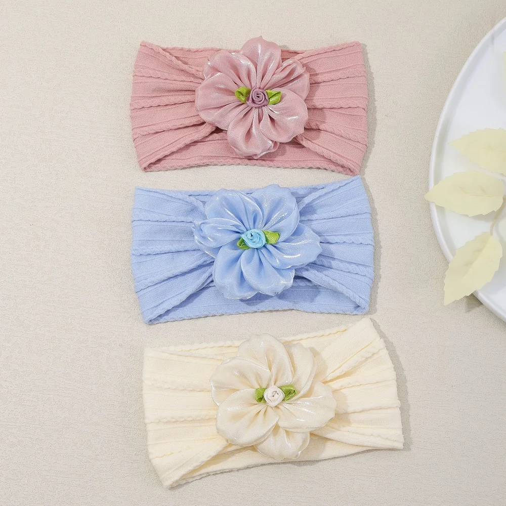 Cute Baby Girl Flower Headband Soft Elastic Cable Knit Baby Turban Shiny Satin Floral Girl Hairband Infant Hair Accessories