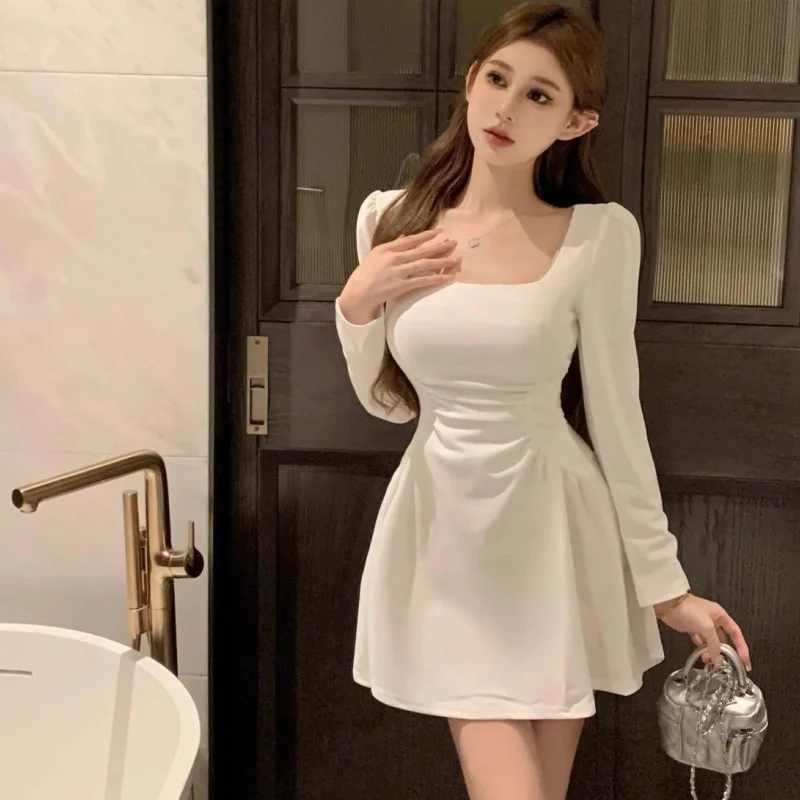 Women Concise Long Sleeve Short Dress Lady Puff Sleeve Ruched White Solid Color Dress Female Slim Vacation Dress
