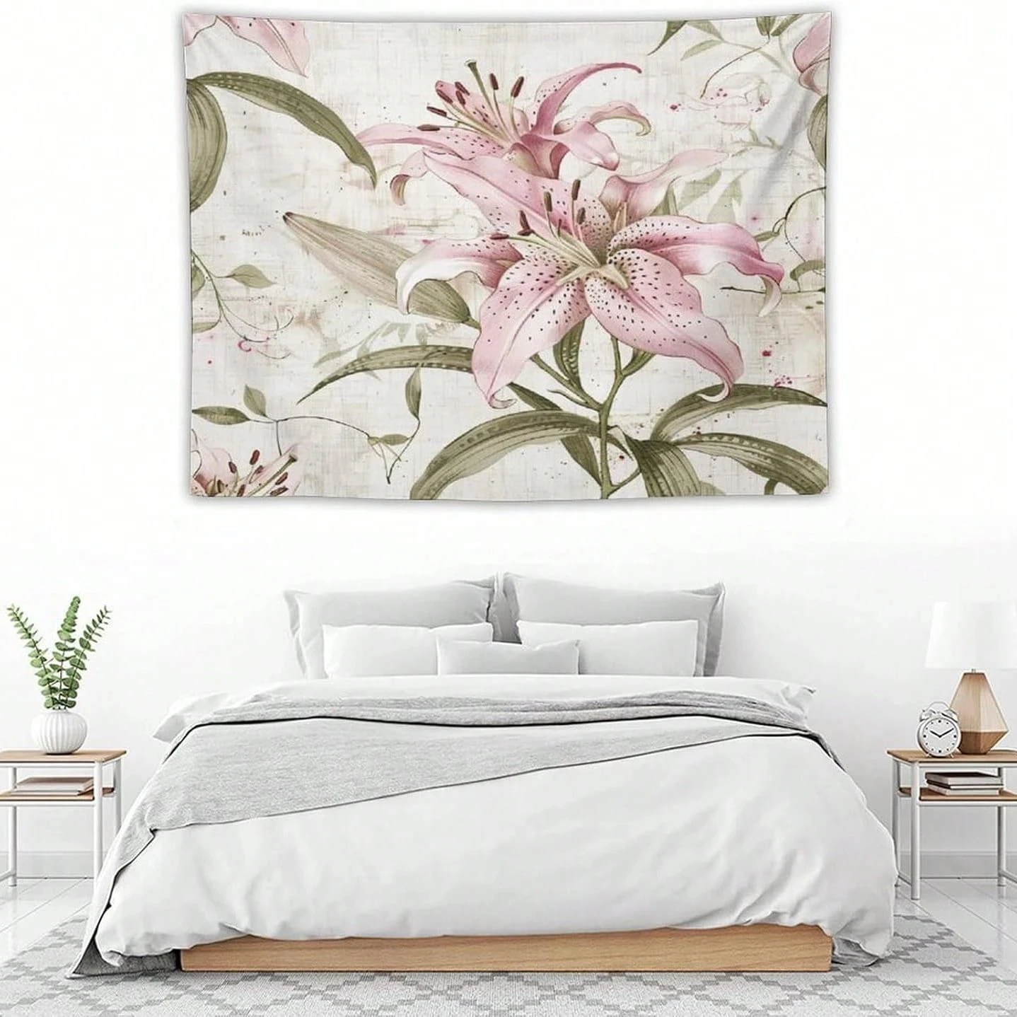 Rosa Lilien-Blumen-Wandteppich als Wandkunst, tropische Blütenblätter, Wandteppich, ästhetischer Landschafts-Wandteppich, Wandbehang für Schlafzimmer