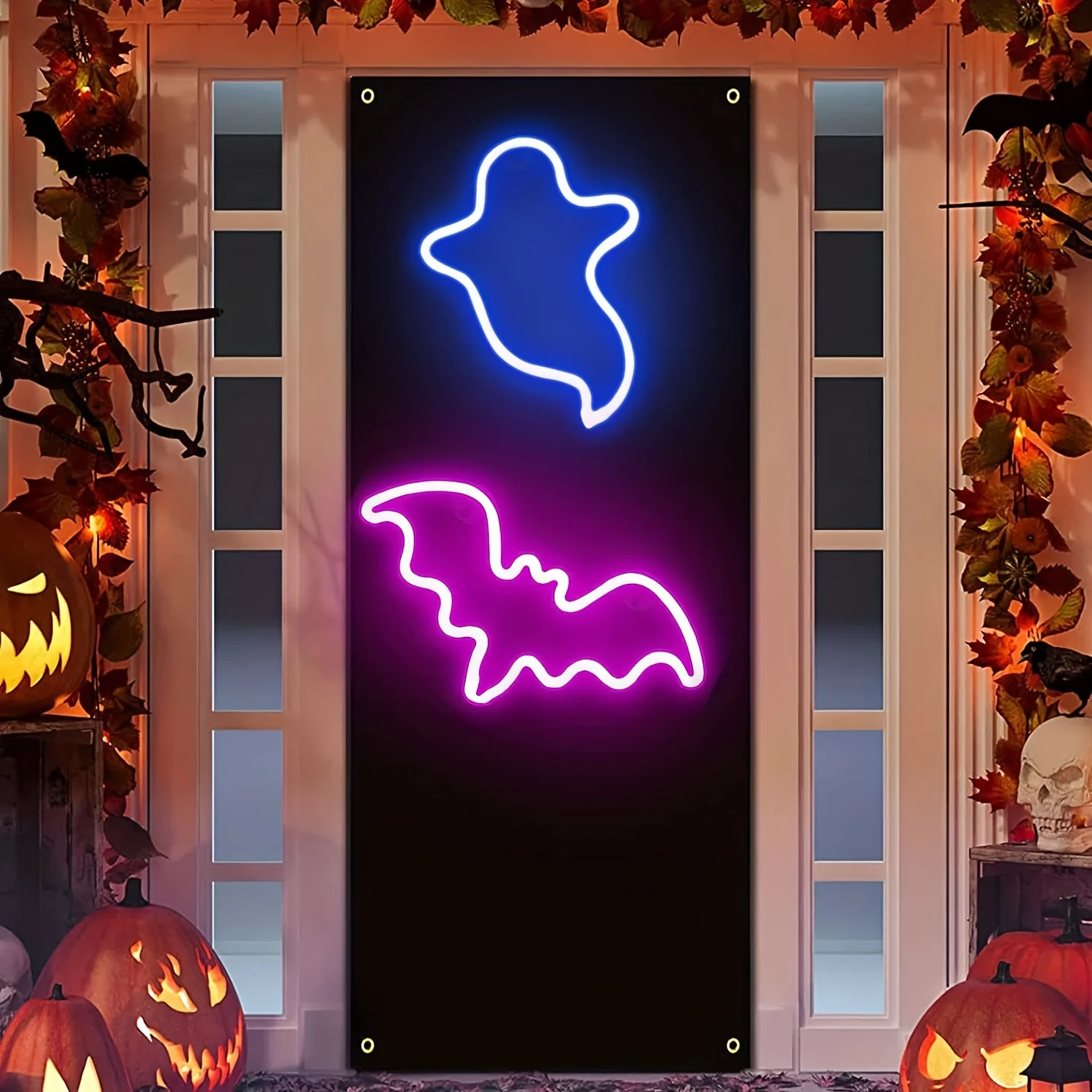 2pcs, bat+ghost neon lights, USB or battery powered, Halloween Happy LED light logo, interior decoration, party decoration