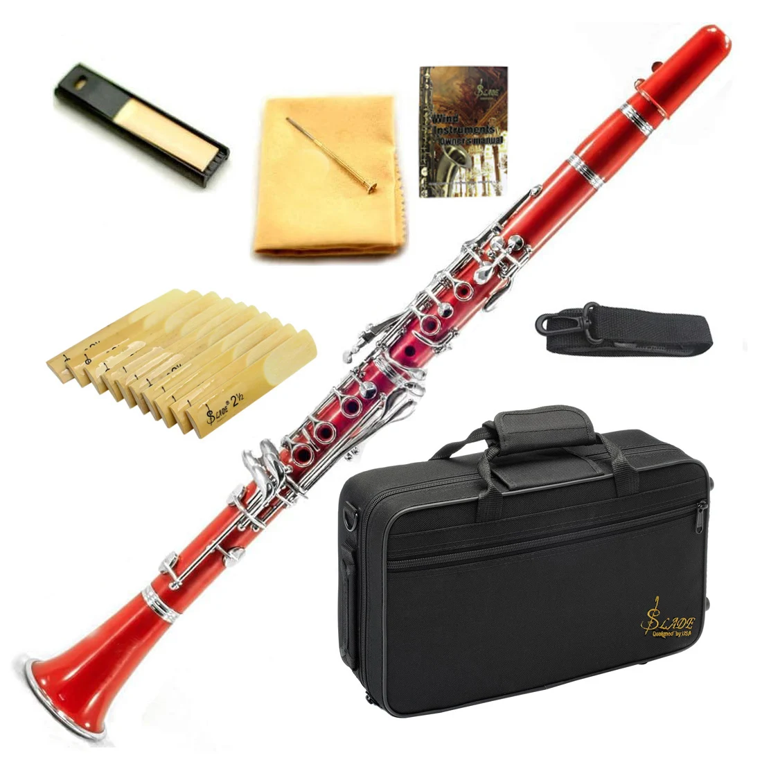 SLADE Clarinet Bb Flat 17 Nickel Key Red Clarinet for Beginners Comes with 2 Gun Barrels Hard Shell and Clarinet Cleaning Kit