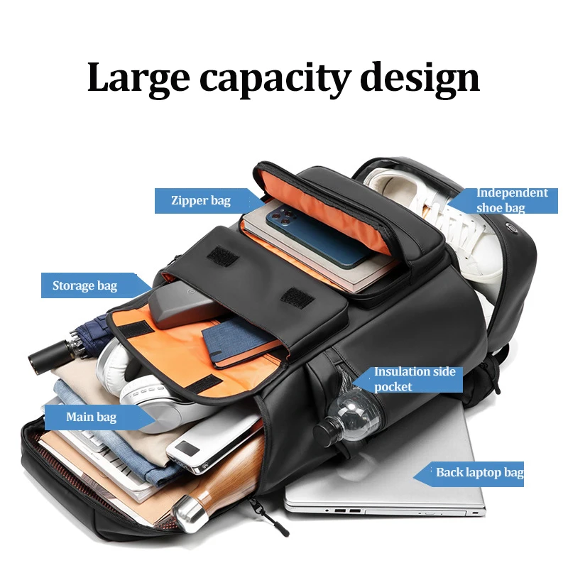 Mochila de viagem de grande capacidade para homens, mochila para laptop impermeável, mochila de negócios com sapato 50L