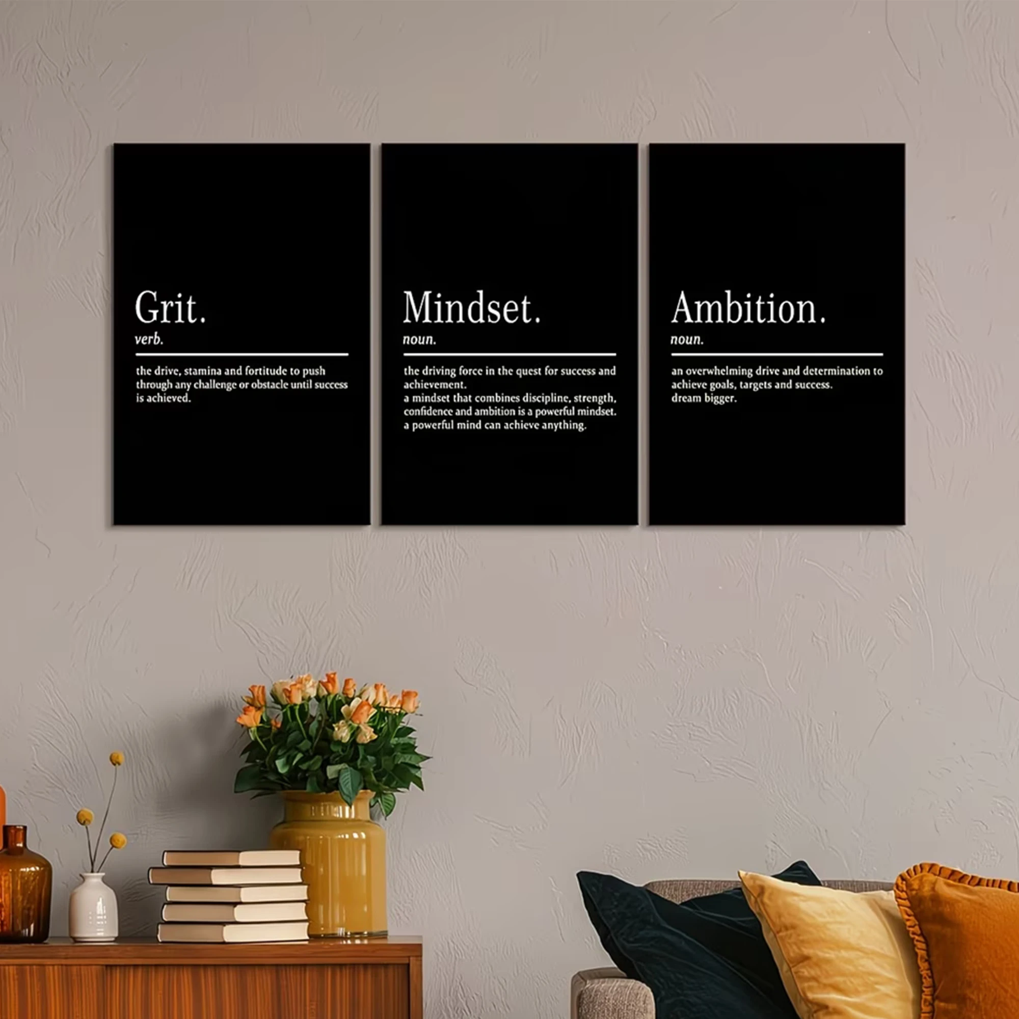 Lot de 3 tableaux muraux modernes sur toile, motifs Détermination et Ambition, pour chambre à coucher, salon, décoration intérieure