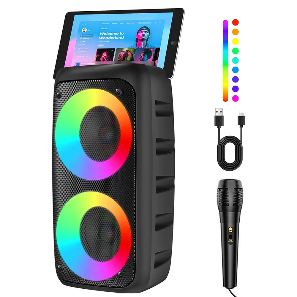 Haut-parleur Bluetooth, machine de karaoké pour adultes et enfants, lumières LED colorées, haut-parleur Bluetooth portable avec 1 micro filaire, système de haut-parleurs DJ/PA rechargeable avec carte TF, entrée AUX, TWS pour les fêtes en plein air, à la maison ou lors d'événements sportifs.