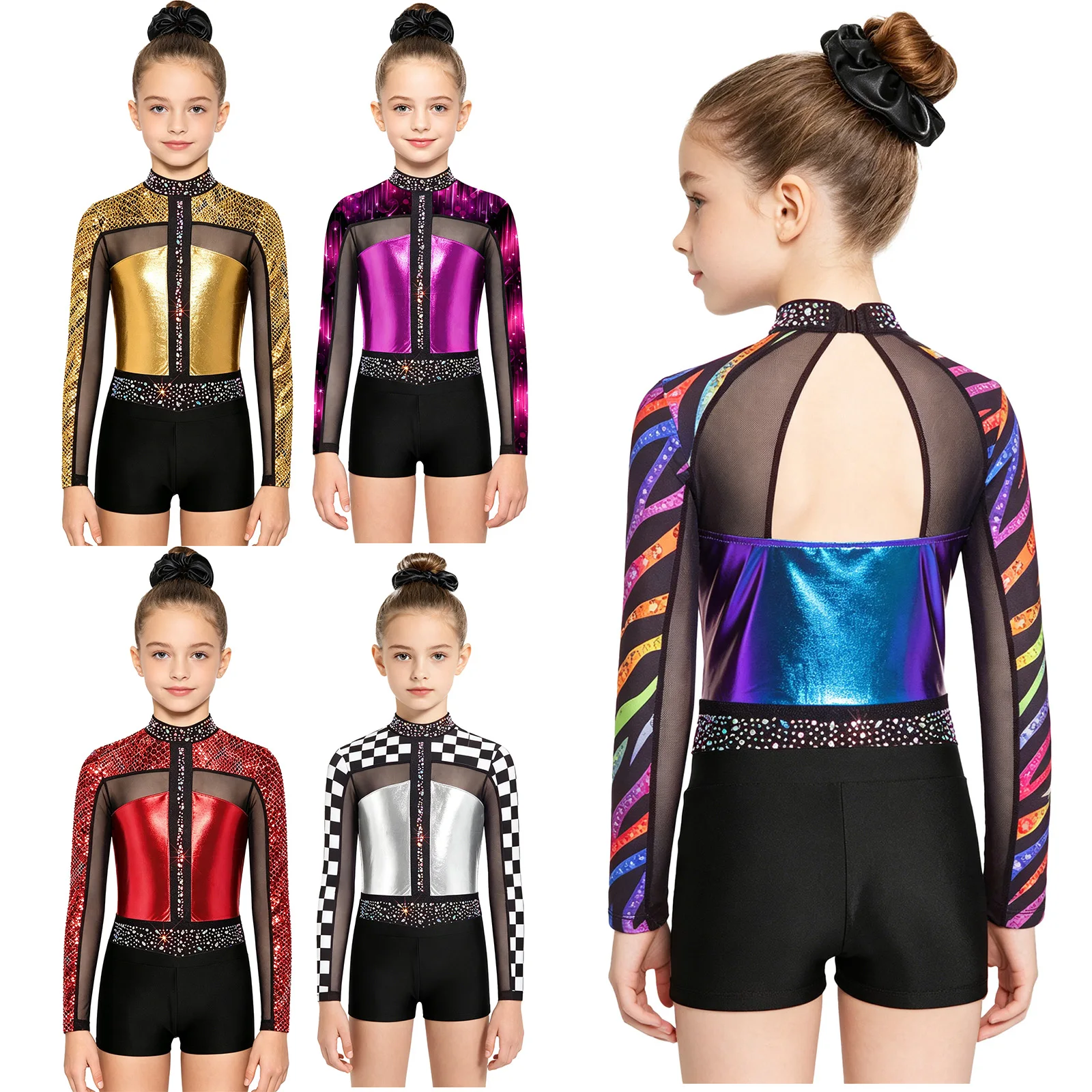 女の子用キラキララインストーン付きバレエダンスレオタード、フィギュアスケート、体操、アクロバット用ボディスーツショーツ、ステージパフォーマンスダンスウェア