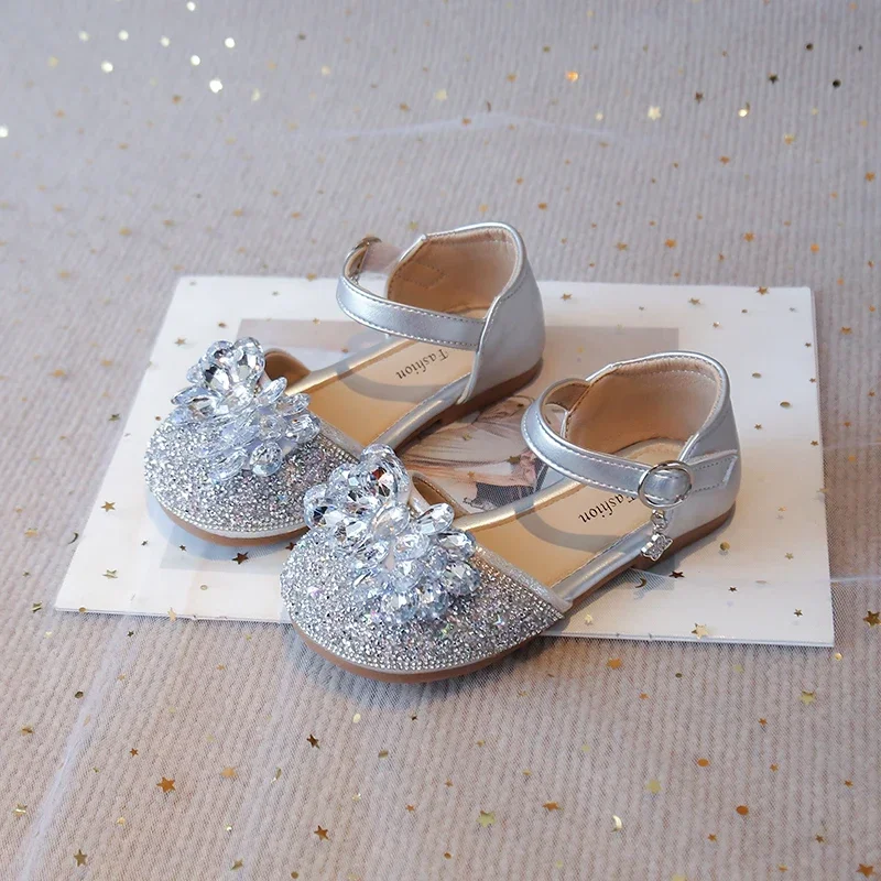 Little Girls Clear Crystal Rhinestone Formal Flat Shoes, Silver Ivory Mary Jane Sandalst Wedding Stage Pageant Kids Footwear