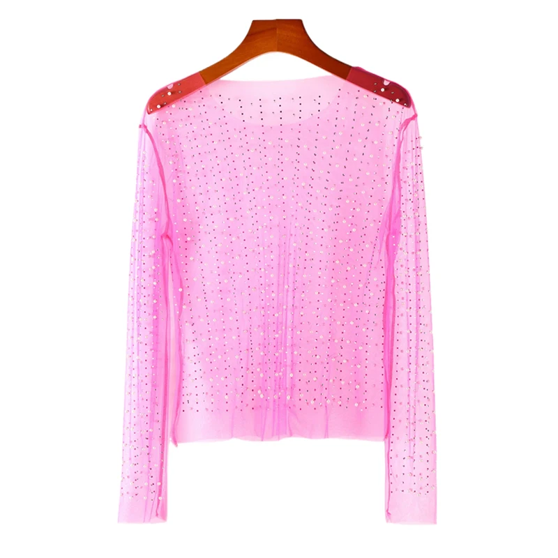 Damen Strass-Transparent-Netz-Top Funkelndes Perlen-Transparent-T-Shirt Bluse Sexy Clubwear Party Festival Rave Konzert Y2K Outfits – Detail 10