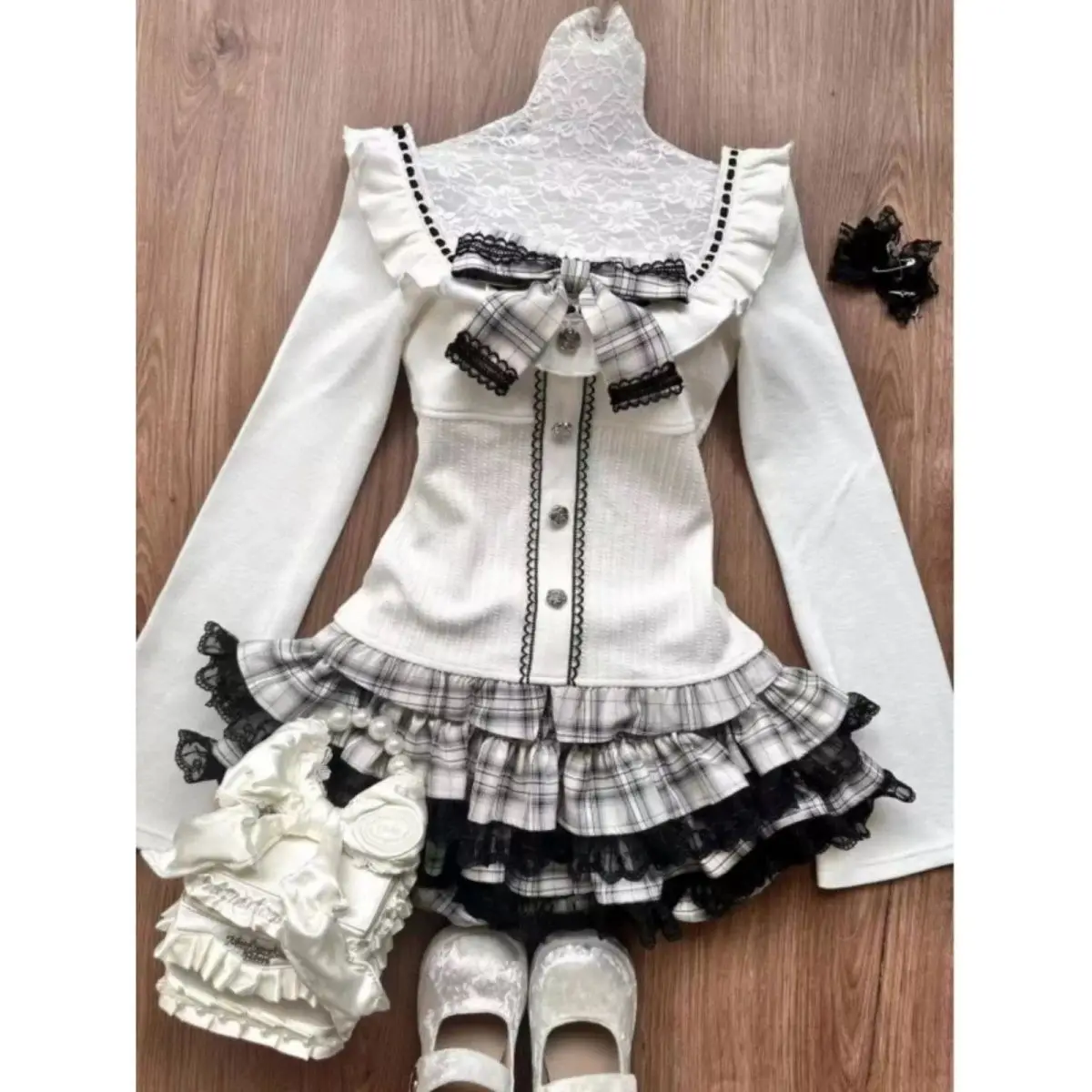 Onalippa Retro Cute Soft Girl Style Gray White Checkered Lace Patchwork Short Skirt Bow Waist Cinching Patchwork Top 2 Piece Set