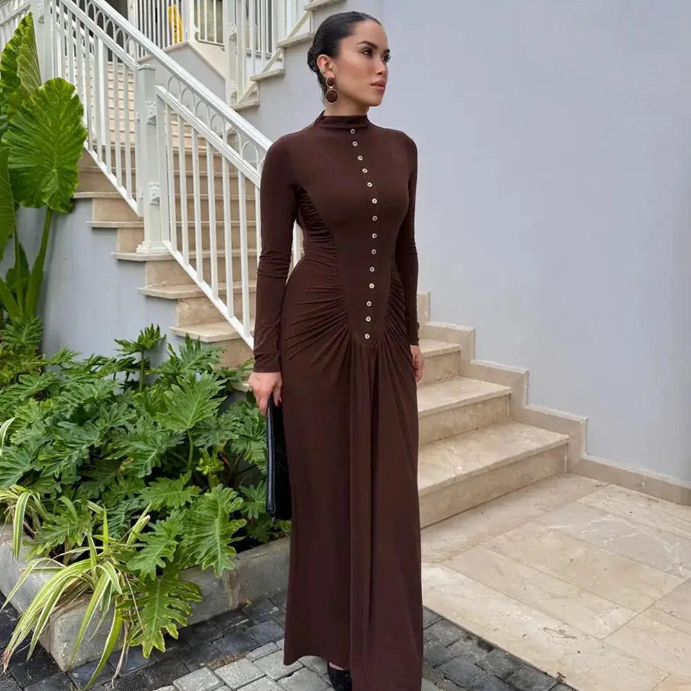 

Fall Dresses for Women 2025 Long Sleeve Bodycon Mock Neck Ruched Maxi Formal Cocktail Wedding Guest Dress