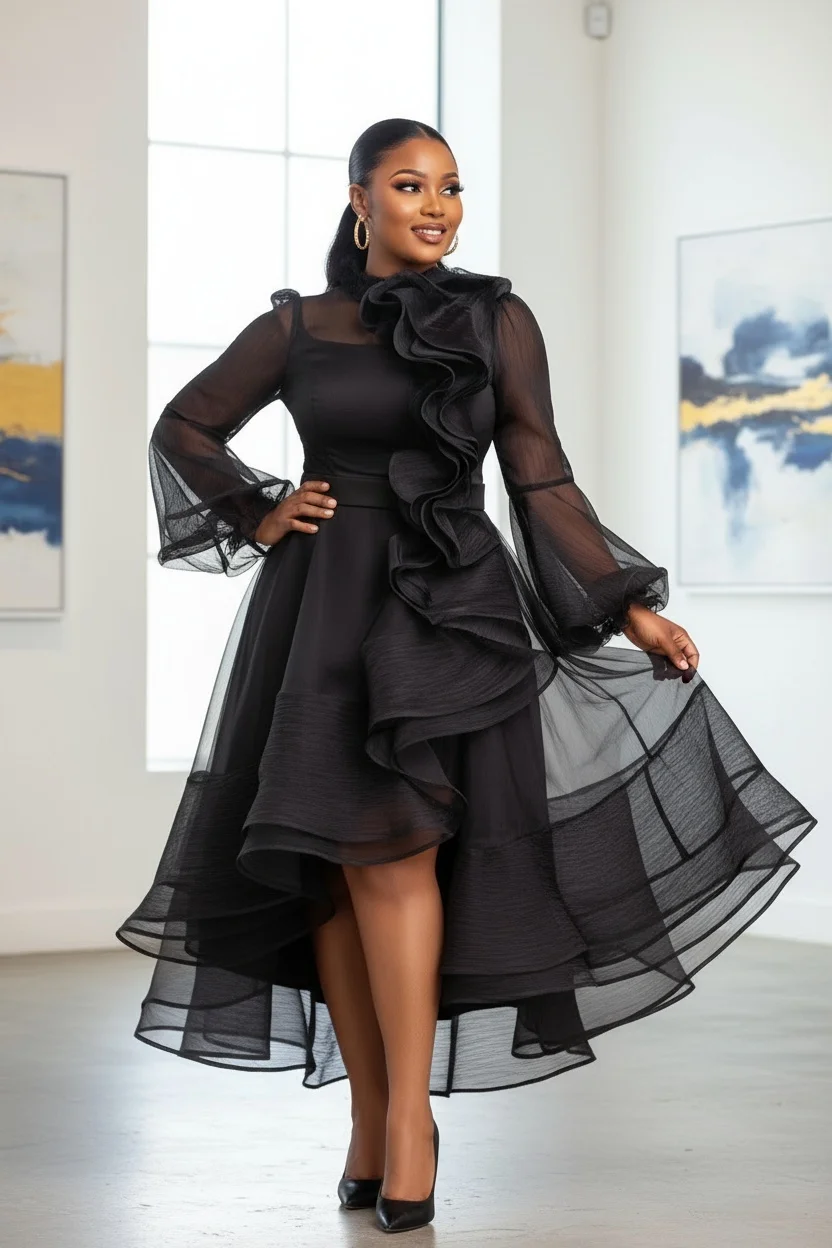 Vestido feminino de malha com babados, manga flare, plus size, bainha irregular, transparente, coquetel, casamento, convidado, vestido longo