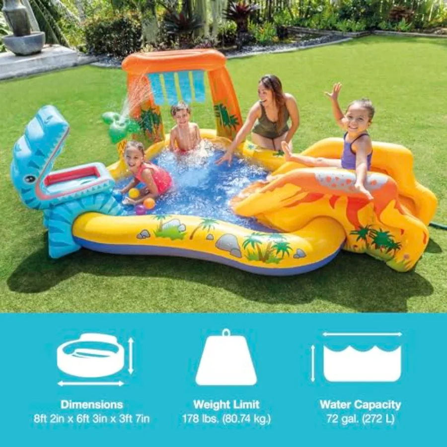 120V Electric Air Pump Inflatable Dinosaur Play Center Pool for outdoor use, PVC material, green and yellow, fast inflation and